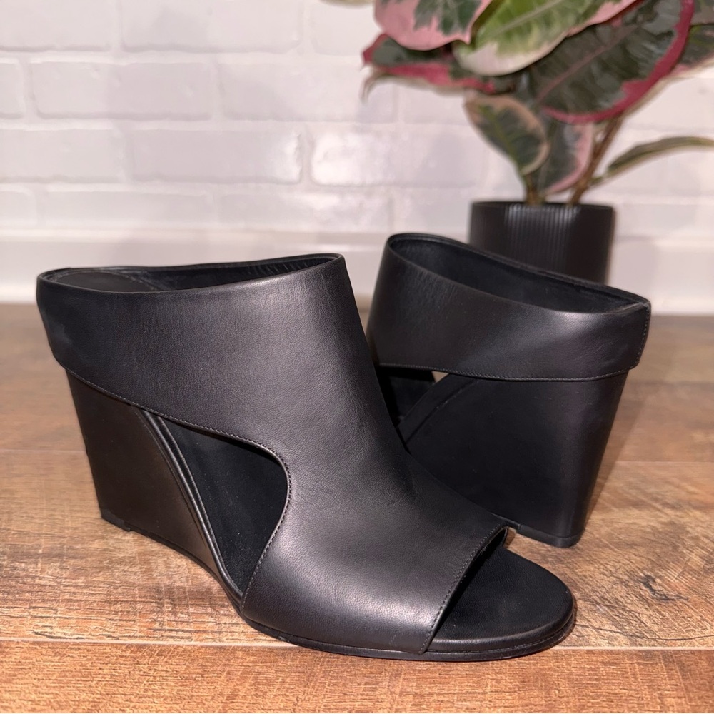 Vince Kaya Leather Wedge Mule Black Leather Open-Toe Wedge Mules